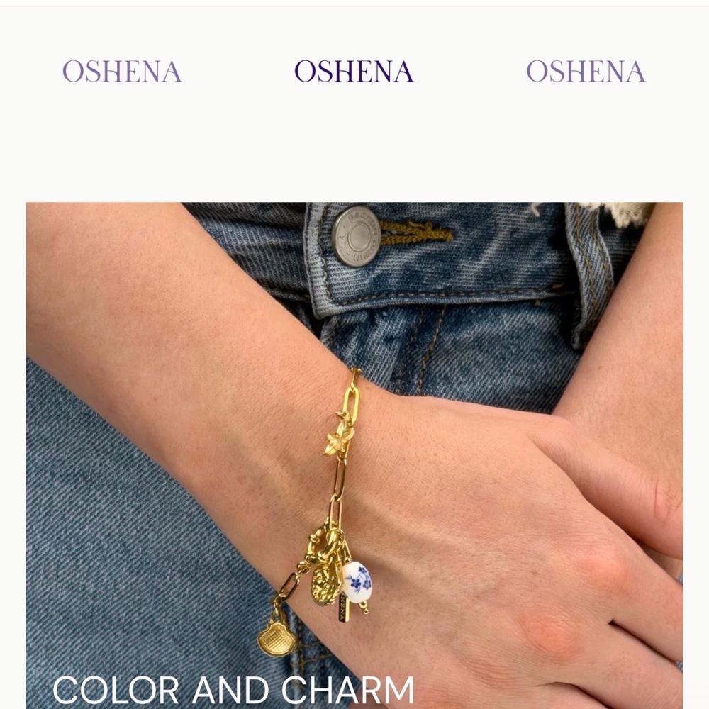 Oshena Gold Charm Bracelet with Blue-White Porcelain Accent(#020)